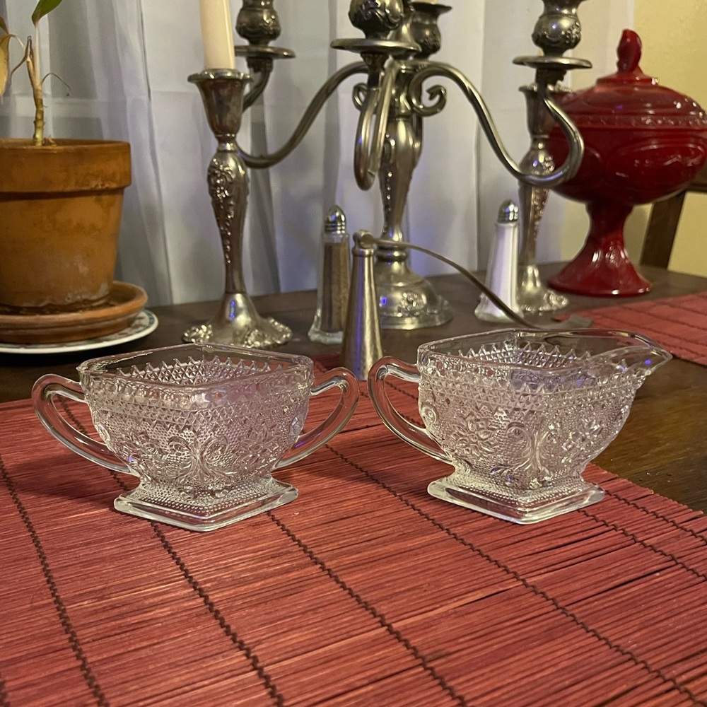 Vintage Diamond Shaped Tiara Sandwich Glass Sugar and Creamer Set